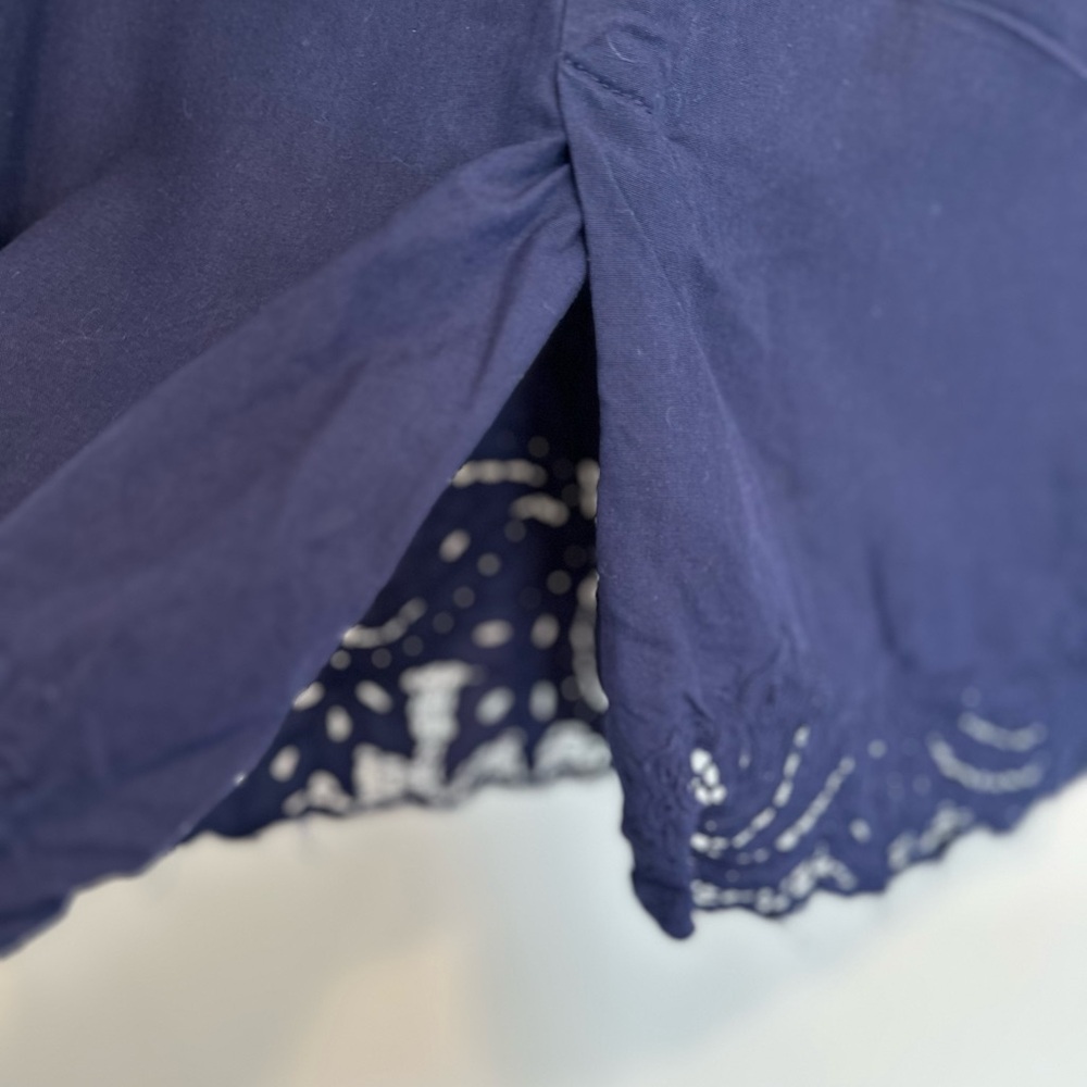 VTG 80s Hibis SzM Navy blue Lightweight midi-length pencil skirt Eyelet lace hem - Picture 10 of 11